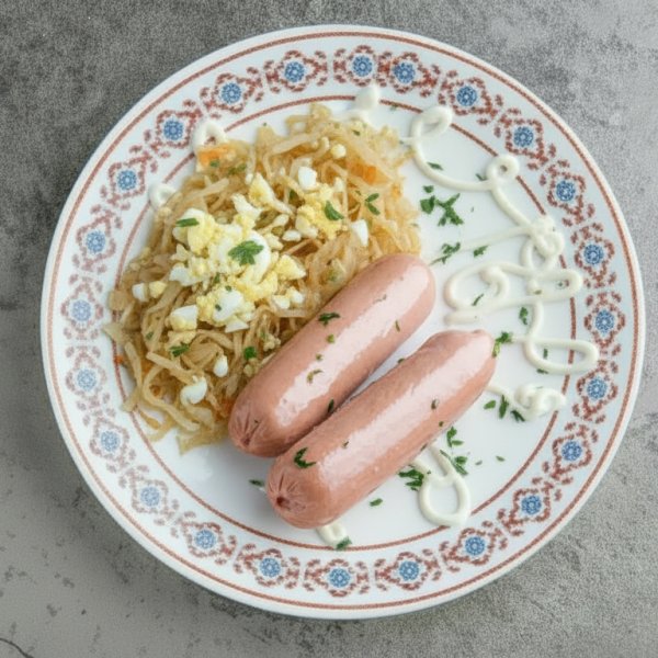 Сосиски с капустой и яйцом