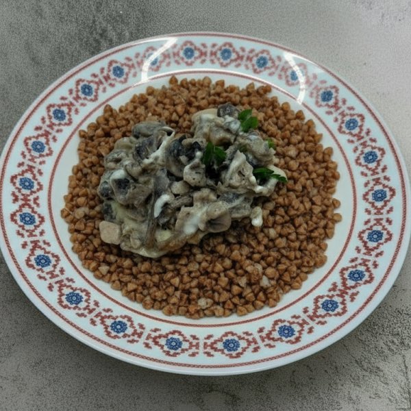 Курица с грибами в сливках с гречей