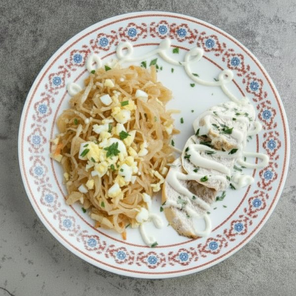 Куриное филе с капустой и яйцом