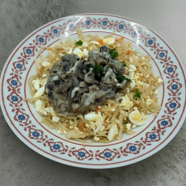 Курица с грибами в сливках с капустой и яйцом